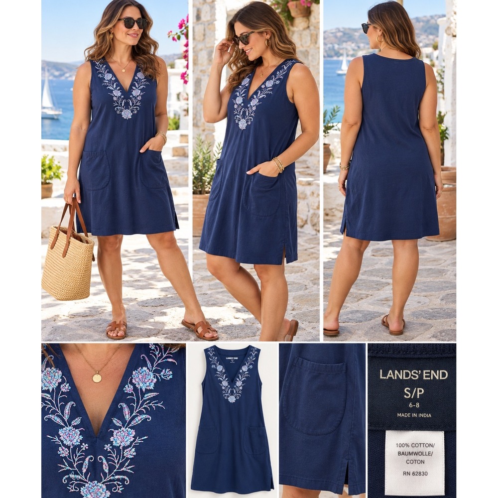Lands' End S 6-8 Navy Embroidered Cotton Dress Pockets Coastal Resort Boho